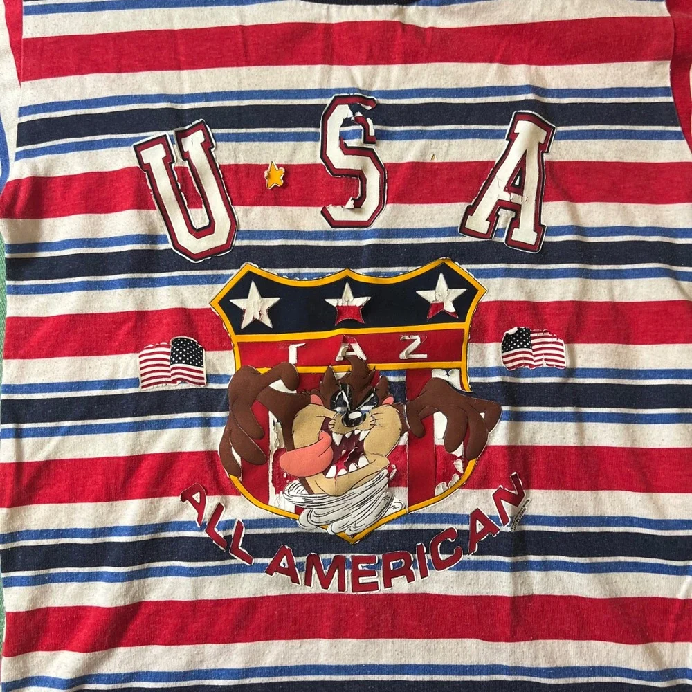 Looney Tunes Taz T-Shirt Kids Red White Blue USA All American Striped Vintage